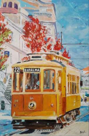 Городской трамвай Холст на подрамнике Акрил и масло на холсте Импрессионизм Городской пейзаж Португалия 2022 г. - фото 1