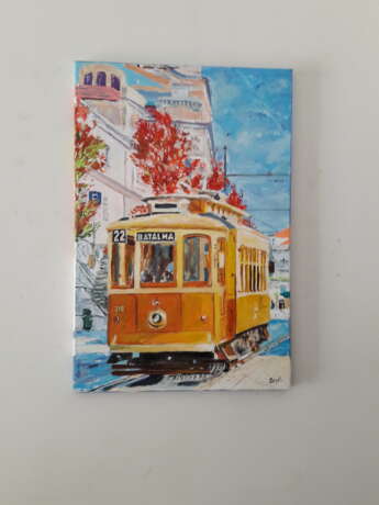 Городской трамвай Leinwand auf dem Hilfsrahmen Acryl und Öl auf Leinwand Impressionismus Stadtlandschaft Portugal 2022 - Foto 2