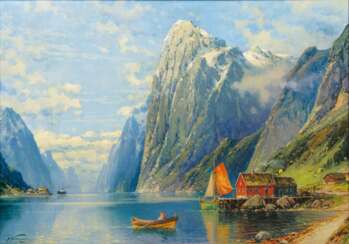 Eilert Adelsteen Normann (Bodö 1848 - Kristiania/Oslo 1918). Postschiff im Fjord.