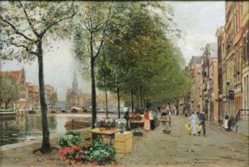 Heinrich Hermanns (Düsseldorf 1862 - Düsseldorf 1942). Blumenmarkt in Amsterdam.