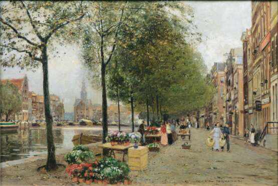 Heinrich Hermanns (Düsseldorf 1862 - Düsseldorf 1942). Blumenmarkt in Amsterdam. - Foto 1