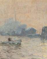 Henning Edens (Hamburg 1885 - Hamburg 1943). Abendstimmung im Hamburger Hafen.