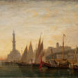 Théodore Gudin (Paris 1802 - Boulogne-sur-Seine 1880). Boote vor einer Stadt mit Minarett. - Archives des enchères