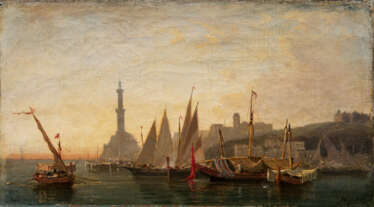 Théodore Gudin (Paris 1802 - Boulogne-sur-Seine 1880). Boote vor einer Stadt mit Minarett.