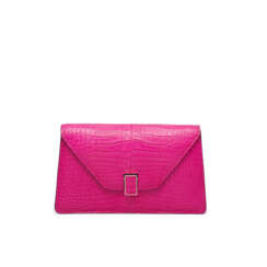 A MADE TO ORDER MATTE FUCHSIA CROCODILE ISIDE CLUTCH WITH GOLD HARDWARE