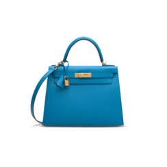 A BLEU ZANZIBAR EPSOM LEATHER SELLIER KELLY 28 WITH GOLD HARDWARE