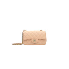 A BEIGE QUILTED LAMBSKIN LEATHER SMALL SINGLE FLAP BAG WITH LIGHT GOLD HARDWARE