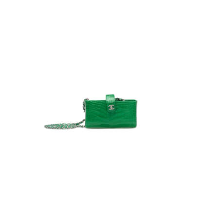 A SHINY GREEN CROCODILE MINI POUCH ON CHAIN WITH SILVER HARDWARE - photo 1