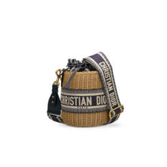 A BLUE DIOR OBLIQUE JACQUARD & NATURAL WICKER BUCKET BAG WITH GOLD HARDWARE