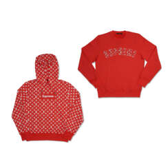 A SET OF TWO: A LIMITED EDITION RED BOX LOGO MONOGRAM HOODED SWEAT SHIRT & A RED ARC LOGO CREWNECK SWEATSHIRT BY SUPREME