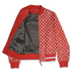 A LIMITED EDITION RED & WHITE MONOGRAM LEATHER BOMBER JACKET BY SUPREME