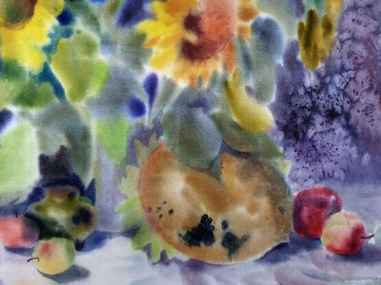 Design Gemälde, Картина акварель, акварельная картина „Stillleben mit Sonnenblumen“, Papier, Aquarell, Impressionismus, Stillleben, Russland, 2020 - Foto 3