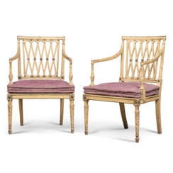 A PAIR OF GEORGE III CREAM AND POLYCHROME-PAINTED OPEN ARMCHAIRS