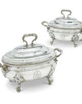 A GEORGE II SILVER SOUP TUREEN AND COVER AND A GEORGE III SOUP TUREEN AND COVER, EN SUITE