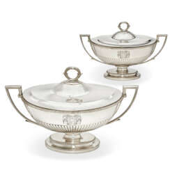 A PAIR OF GEORGE III SILVER SOUP TUREENS, COVERS AND LINERS