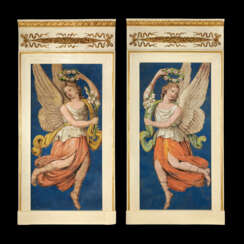 A PAIR OF VERY LARGE GILT AND PAINTED WOOD FRAMES INSET WITH PAINTED PANELS