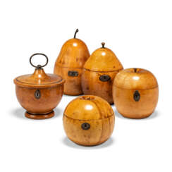 A GROUP OF FIVE ENGLISH SYCAMORE AND FRUITWOOD TEA CADDIES