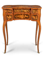 A LOUIS XV TULIPWOOD, AMARANTH, SYCAMORE AND FRUITWOOD MARQUETRY AND JAPANNED TABLE D'ACCOUCHER