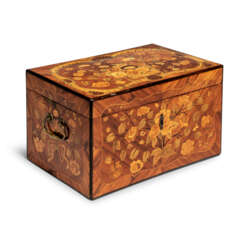 A LOUIS XV BRASS-MOUNTED KINGWOOD, TULIPWOOD, ROSEWOOD AND MARQUETRY STRONGBOX