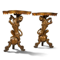 A PAIR OF ITALIAN GILTWOOD AND POLYCHROME-PAINTED CORNER CONSOLES