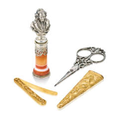 A GEORGE III GOLD PENKNIFE, SCISSOR CASE WITH ASSORTED PAIR OF STEEL SCISSORS, AND A FRENCH SILVER-MOUNTED HARDSTONE HAND SEAL