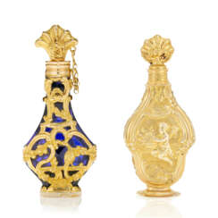 A GEORGE II GOLD SCENT BOTTLE AND A GEORGE III ENAMELLED GOLD-MOUNTED CUT-GLASS SCENT BOTTLE