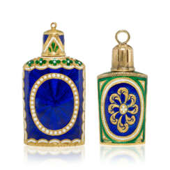 TWO GEORGE II ENAMELLED GOLD SCENT-BOTTLES