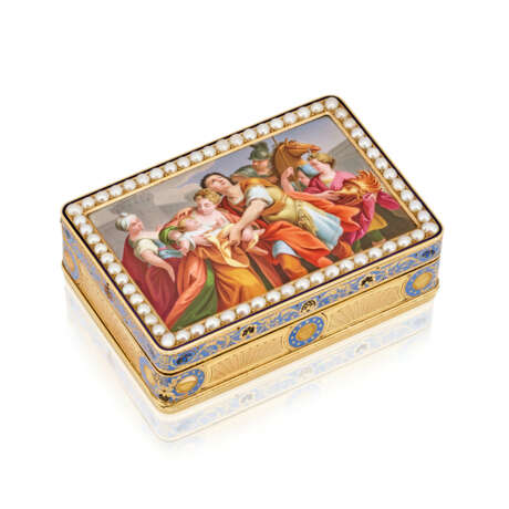 A SWISS JEWELLED ENAMLLED GOLD DOUBLE-OPENING AUTOMATON MUSICAL SNUFF-BOX AND TIME-PIECE - photo 1