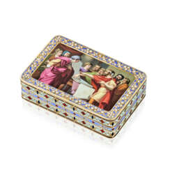 A SWISS JEWELLED ENAMELLED GOLD MUSICAL SNUFF-BOX