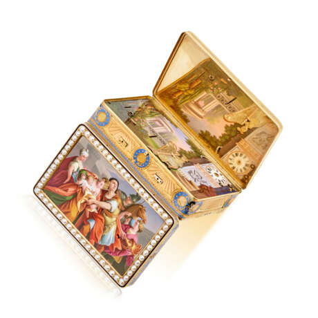 A SWISS JEWELLED ENAMLLED GOLD DOUBLE-OPENING AUTOMATON MUSICAL SNUFF-BOX AND TIME-PIECE - Foto 5
