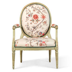 A LATE LOUIS XVI GREEN-PAINTED FAUTEUIL