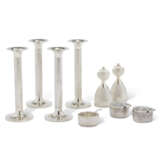 A SET OF FOUR ELIZABETH II SILVER CANDLESTICKS AND A CONDIMENT SET - photo 1