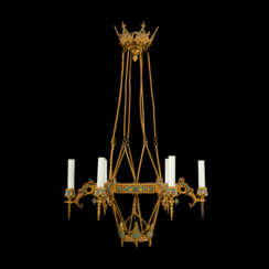 A FRENCH ORMOLU AND CHAMPLEVE ENAMEL SIX-LIGHT CHANDELIER