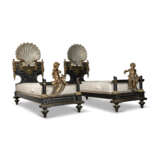A PAIR OF BRASS-MOUNTED, PARCEL GILT, PAINTED AND MOTHER OF PEARL INLAID CAST IRON BEADSTEADS - фото 1
