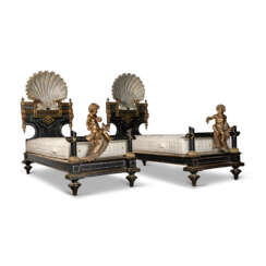 A PAIR OF BRASS-MOUNTED, PARCEL GILT, PAINTED AND MOTHER OF PEARL INLAID CAST IRON BEADSTEADS