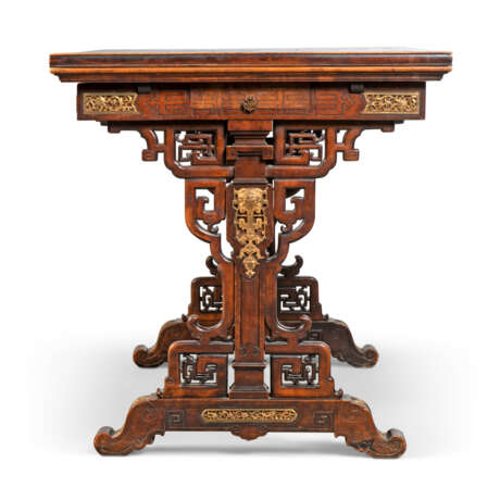 A FRENCH 'JAPONISME' GILT-BRASS-MOUNTED AND MOTHER-OF-PEARL-INLAID STAINED BEECH AND ROSEWOOD LIBRARY TABLE - photo 3