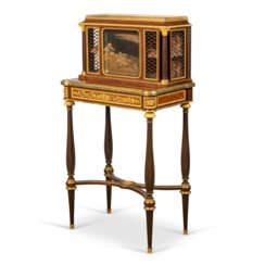 A FINE FRENCH ORMOLU AND JAPANESE LACQUER-MOUNTED MAHOGANY AND BURR-AMBOYNA BONHEUR DU JOUR
