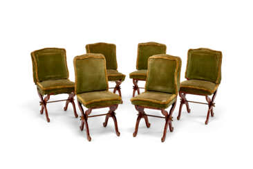 A SET OF SIX FRENCH POLYCHROME-DECORATED DINING CHAIRS