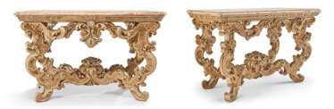 A PAIR OF ITALIAN OCHRE AND GREY-PAINTED CONSOLE TABLES