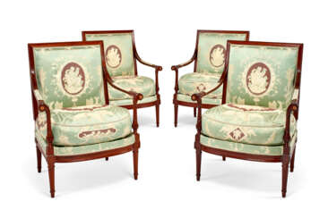 A SET OF FOUR LATE LOUIS XVI MAHOGANY AND PARCEL-GILT FAUTEUILS