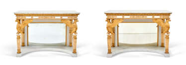 A PAIR OF NORTH ITALIAN EMPIRE PARCEL-GILT, CREAM AND WHITE-PAINTED AND SIMULATED-MARBLE CONSOLE TABLES