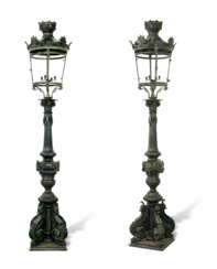 A PAIR OF NAPOLEON III PATINATED BRONZE FOUR-LIGHT LAMPADAIRES