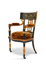 A LATE LOUIS XVI PARCEL-GILT, EBONISED AND POLYCHROME-PAINTED FAUTEUIL
