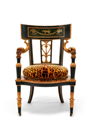 A LATE LOUIS XVI PARCEL-GILT, EBONISED AND POLYCHROME-PAINTED FAUTEUIL - photo 2