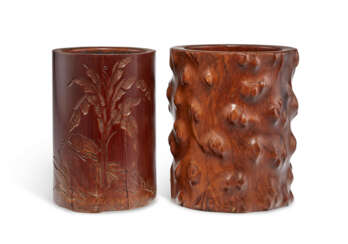 A CARVED HUALI ROOT-FORM BRUSH POT AND A BAMBOO BRUSH POT