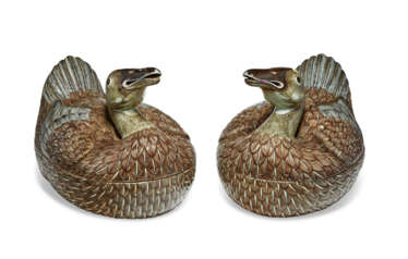 A PAIR OF UNUSUAL ENAMELED DUCK-FORM BOXES AND COVERS