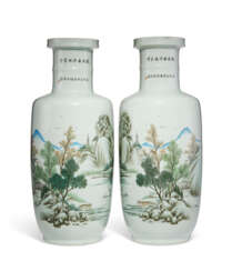 A PAIR OF ENAMELED ROULEAU VASES WITH INSCRIPTIONS
