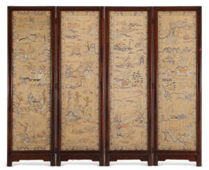 A COUNTED STITCH EMBROIDERED GAUZE AND CAMPHOR FOLDING SCREEN