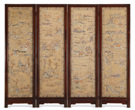 A COUNTED STITCH EMBROIDERED GAUZE AND CAMPHOR FOLDING SCREEN - фото 1