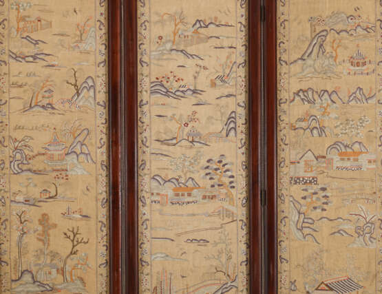 A COUNTED STITCH EMBROIDERED GAUZE AND CAMPHOR FOLDING SCREEN - фото 3